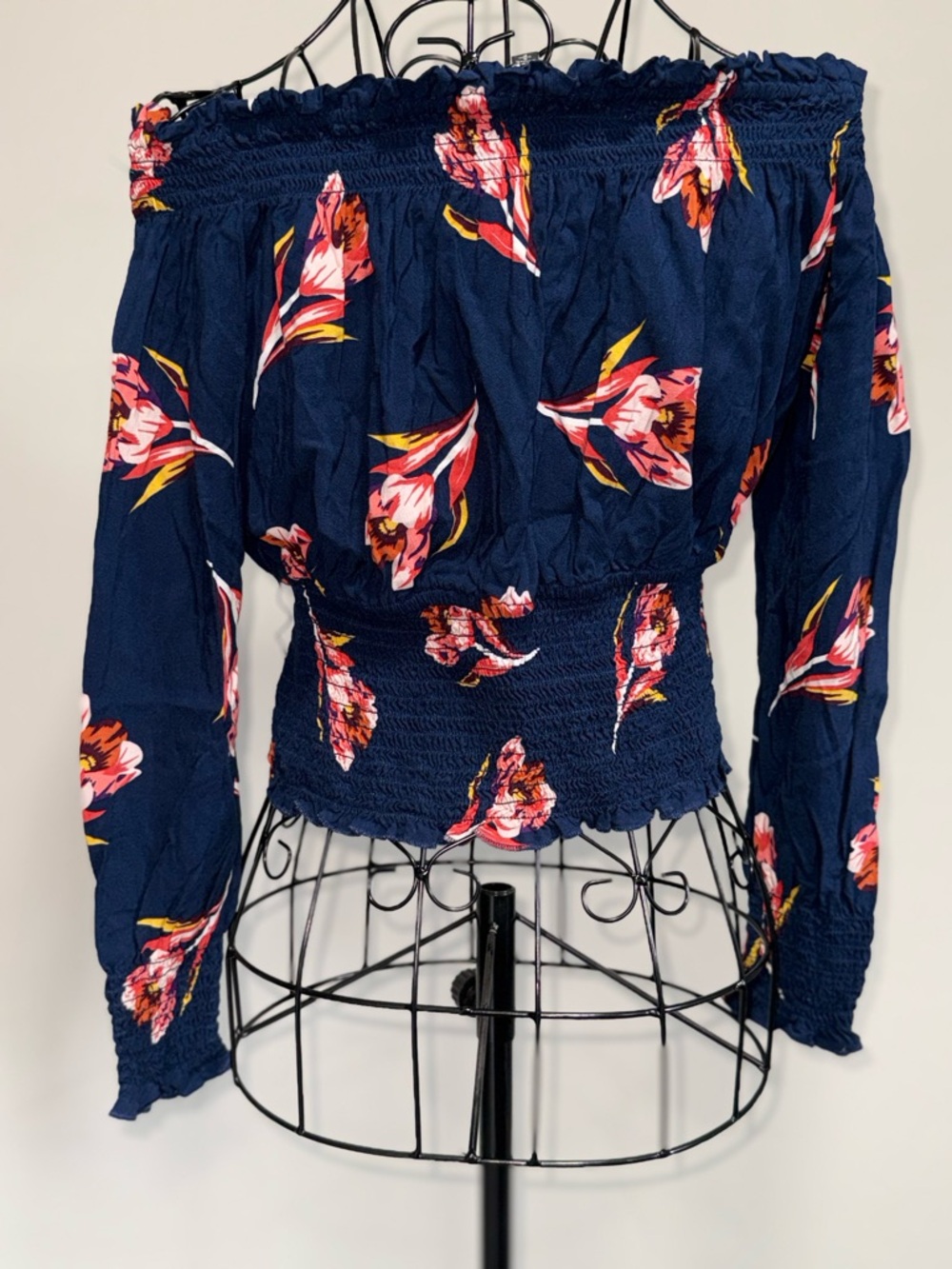 Express Navy Floral Off-Shoulder Smocked Waist Blouse - Picture 7 of 11
